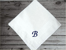 Load image into Gallery viewer, Mans initial handkerchief personalized cotton handkerchief, 16&quot; x 16&quot; with satin strips, an embroidered gift from his son, daughter, or friend. Personalized gift just for him to use.. Make it a special day when you present this to him as a wedding party gift, birthday gift, father&#39;s day gift, anniversary gift, etc. - Borgmanns Creations 
