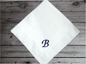 Mans initial handkerchief personalized cotton handkerchief, 16" x 16" with satin strips, an embroidered gift from his son, daughter, or friend. Personalized gift just for him to use.. Make it a special day when you present this to him as a wedding party gift, birthday gift, father's day gift, anniversary gift, etc. - Borgmanns Creations 