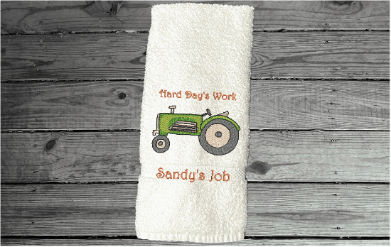 White hand towel - farmhouse work towel for the farmer - bar towel for the man cave - embroidered tractor for a boy's nursery - birthday gift for dad - home decor  terry towel  premium soft and absorbent 16" x 30"  - Borgmanns Creations - 1