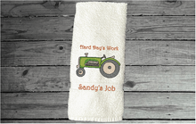 Load image into Gallery viewer, White hand towel - farmhouse work towel for the farmer - bar towel for the man cave - embroidered tractor for a boy&#39;s nursery - birthday gift for dad - home decor  terry towel  premium soft and absorbent 16&quot; x 30&quot;  - Borgmanns Creations - 1
