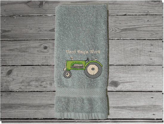 Gray hand towel - farmhouse work towel for the farmer - bar towel for the man cave - embroidered tractor for a boy's nursery - birthday gift for dad - home decor  terry towel  premium soft and absorbent 16" x 27"  - Borgmanns Creations - 2