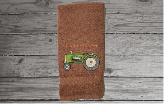 Brown hand towel - farmhouse work towel for the farmer - bar towel for the man cave - embroidered tractor for a boy's nursery - birthday gift for dad - home decor  terry towel  premium soft and absorbent 16" x 27"  - Borgmanns Creations - 3