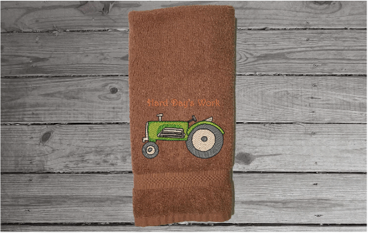 Brown hand towel - farmhouse work towel for the farmer - bar towel for the man cave - embroidered tractor for a boy's nursery - birthday gift for dad - home decor  terry towel  premium soft and absorbent 16" x 27"  - Borgmanns Creations - 3