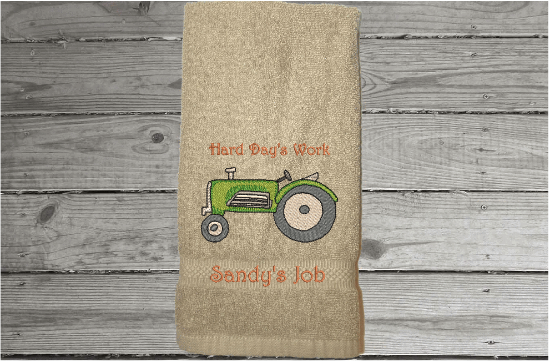 Beige hand towel - farmhouse work towel for the farmer - bar towel for the man cave - embroidered tractor for a boy's nursery - birthday gift for dad - home decor  terry towel  premium soft and absorbent 16" x 27"  - Borgmanns Creations - 5