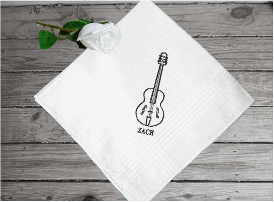 Men's embroidered handkerchief personalized gift for him. A wonderful gift for the musical man you know, personalize it with his initials. Cotton handkerchief with satin strips around edge.  16" x 16". Give as a wedding gift, anniversary gift , birthday for that special person.- Borgmanns Creations -3