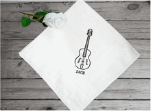 Load image into Gallery viewer, Men&#39;s embroidered handkerchief personalized gift for him. A wonderful gift for the musical man you know, personalize it with his initials. Cotton handkerchief with satin strips around edge.  16&quot; x 16&quot;. Give as a wedding gift, anniversary gift , birthday for that special person.- Borgmanns Creations -3
