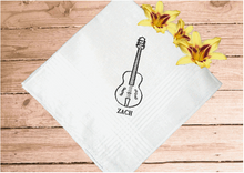 Load image into Gallery viewer, Men&#39;s embroidered handkerchief personalized gift for him. A wonderful gift for the musical man you know, personalize it with his initials. Cotton handkerchief with satin strips around edge.  16&quot; x 16&quot;. Give as a wedding gift, anniversary gift , birthday for that special person.- Borgmanns Creations -2
