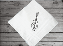 Load image into Gallery viewer, Men&#39;s embroidered handkerchief personalized gift for him. A wonderful gift for the musical man you know, personalize it with his initials. Cotton handkerchief with satin strips around edge.  16&quot; x 16&quot;. Give as a wedding gift, anniversary gift , birthday for that special person.- Borgmanns Creations -4
