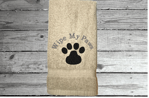 Beige hand towel, pet gift, embroidered paw print, for wiping your pets feet from the rain and snow, car towel for your pets needs, a custom terry towel soft and absorbent, 16" x 27", gift for the pet owner. A towel for drying after a bath can always come in handy to be kept in with the dog supplies - Borgmanns Creations - 1