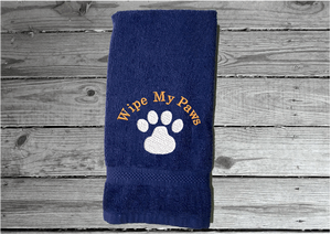 Blue hand towel, pet gift, embroidered paw print, for wiping your pets feet from the rain and snow, car towel for your pets needs, a custom terry towel soft and absorbent, 16" x 27", gift for the pet owner. A towel for drying after a bath can always come in handy to be kept in with the dog supplies - Borgmanns Creations 