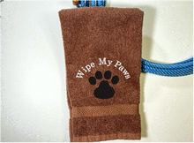 Load image into Gallery viewer, Brown hand towel, pet gift, embroidered paw print, for wiping your pets feet from the rain and snow, car towel for your pets needs, a custom terry towel soft and absorbent, 16&quot; x 27&quot;, gift for the pet owner. A towel for drying after a bath can always come in handy to be kept in with the dog supplies - Borgmanns Creations 
