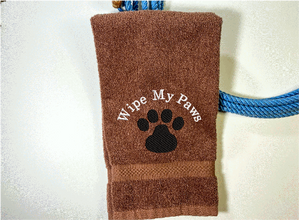 Brown hand towel, pet gift, embroidered paw print, for wiping your pets feet from the rain and snow, car towel for your pets needs, a custom terry towel soft and absorbent, 16" x 27", gift for the pet owner. A towel for drying after a bath can always come in handy to be kept in with the dog supplies - Borgmanns Creations 