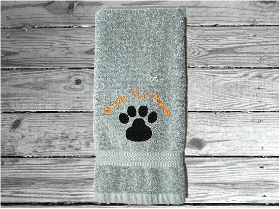 Gray hand towel, pet gift, embroidered paw print, for wiping your pets feet from the rain and snow, car towel for your pets needs, a custom terry towel soft and absorbent, 16" x 27", gift for the pet owner. A towel for drying after a bath can always come in handy to be kept in with the dog supplies - Borgmanns Creations 