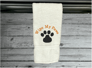 White hand towel, pet gift, embroidered paw print, for wiping your pets feet from the rain and snow, car towel for your pets needs, a custom terry towel soft and absorbent, 16" x 30", gift for the pet owner. A towel for drying after a bath can always come in handy to be kept in with the dog supplies - Borgmanns Creations 
