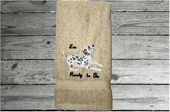 Beige hand towel - pet towel with embroidered dog and saying "Ready To Go", personalize the towel with your dogs name, custom terry hand towel 16" x 27" - wipe your pets feet or to dry them when wet soft and absorbent for that cuddling feeling -Borgmanns Creations 