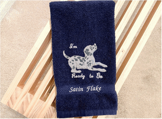 Blue hand towel - pet towel with embroidered dog and saying "Ready To Go", personalize the towel with your dogs name, custom terry hand towel 16" x 27" - wipe your pets feet or to dry them when wet soft and absorbent for that cuddling feeling -Borgmanns Creations 