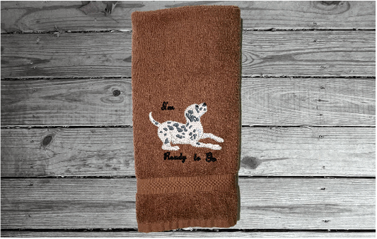 Brown hand towel - pet towel with embroidered dog and saying "Ready To Go", personalize the towel with your dogs name, custom terry hand towel 16" x 27" - wipe your pets feet or to dry them when wet soft and absorbent for that cuddling feeling -Borgmanns Creations 