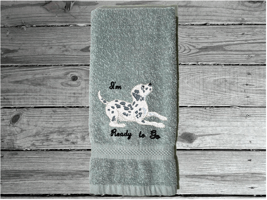 Gray hand towel - pet towel with embroidered dog and saying "Ready To Go", personalize the towel with your dogs name, custom terry hand towel 16" x 27" - wipe your pets feet or to dry them when wet soft and absorbent for that cuddling feeling -Borgmanns Creations 