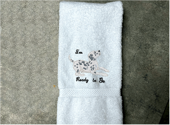 White hand towel - pet towel with embroidered dog and saying "Ready To Go", personalize the towel with your dogs name, custom terry hand towel 16" x 30" - wipe your pets feet or to dry them when wet soft and absorbent for that cuddling feeling -Borgmanns Creations 