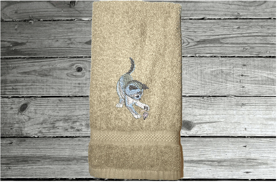 Beige hand towel,  pet towel to wipe your pets feet or to dry them when wet. Soft and absorbent terry hand towel embroidered cat and mouse design, 16" x 27", for that cuddling feeling. personalize with your pets name. - Borgmanns Creations 