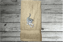 Load image into Gallery viewer, Beige hand towel,  pet towel to wipe your pets feet or to dry them when wet. Soft and absorbent terry hand towel embroidered cat and mouse design, 16&quot; x 27&quot;, for that cuddling feeling. personalize with your pets name. - Borgmanns Creations 

