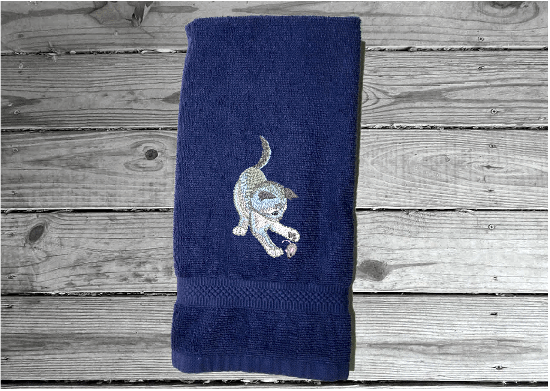 Blue hand towel,  pet towel to wipe your pets feet or to dry them when wet. Soft and absorbent terry hand towel embroidered cat and mouse design, 16" x 27", for that cuddling feeling. personalize with your pets name. - Borgmanns Creations 