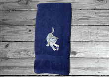 Load image into Gallery viewer, Blue hand towel,  pet towel to wipe your pets feet or to dry them when wet. Soft and absorbent terry hand towel embroidered cat and mouse design, 16&quot; x 27&quot;, for that cuddling feeling. personalize with your pets name. - Borgmanns Creations 
