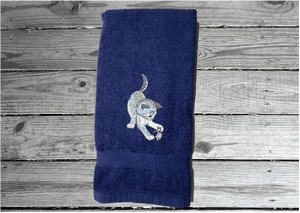 Blue hand towel,  pet towel to wipe your pets feet or to dry them when wet. Soft and absorbent terry hand towel embroidered cat and mouse design, 16" x 27", for that cuddling feeling. personalize with your pets name. - Borgmanns Creations 