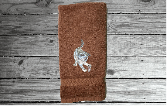 Brown hand towel,  pet towel to wipe your pets feet or to dry them when wet. Soft and absorbent terry hand towel embroidered cat and mouse design, 16" x 27", for that cuddling feeling. personalize with your pets name. - Borgmanns Creations 
