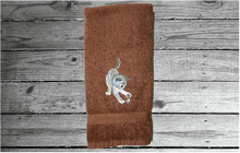 Load image into Gallery viewer, Brown hand towel,  pet towel to wipe your pets feet or to dry them when wet. Soft and absorbent terry hand towel embroidered cat and mouse design, 16&quot; x 27&quot;, for that cuddling feeling. personalize with your pets name. - Borgmanns Creations 
