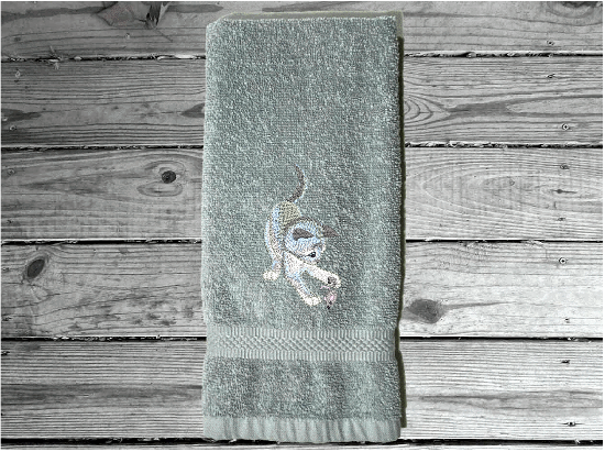 Gray hand towel,  pet towel to wipe your pets feet or to dry them when wet. Soft and absorbent terry hand towel embroidered cat and mouse design, 16" x 27", for that cuddling feeling. personalize with your pets name. - Borgmanns Creations 