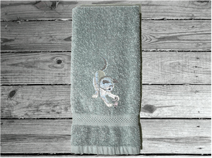 Gray hand towel,  pet towel to wipe your pets feet or to dry them when wet. Soft and absorbent terry hand towel embroidered cat and mouse design, 16" x 27", for that cuddling feeling. personalize with your pets name. - Borgmanns Creations 