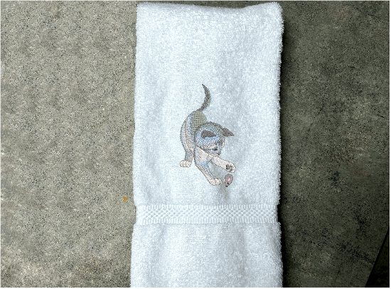 White hand towel,  pet towel to wipe your pets feet or to dry them when wet. Soft and absorbent terry hand towel embroidered cat and mouse design, 16" x 30", for that cuddling feeling. personalize with your pets name. - Borgmanns Creations 