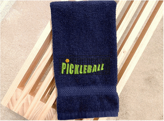 Blue Pickleball sports towel, terry hand towel soft and absorbent 16" x 27" - custom embroidered  design of a net with the word Pickleball, will make the perfect gift for the Pickleball player as a welcome to the team or for your partner. Personalize it just for them as a birthday or anniversary gift - Borgmanns Creations 