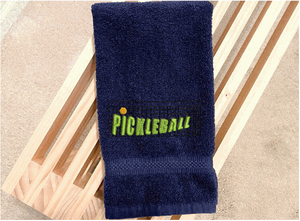 Blue Pickleball sports towel, terry hand towel soft and absorbent 16" x 27" - custom embroidered  design of a net with the word Pickleball, will make the perfect gift for the Pickleball player as a welcome to the team or for your partner. Personalize it just for them as a birthday or anniversary gift - Borgmanns Creations 