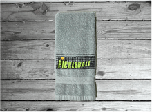 Load image into Gallery viewer, Gray Pickleball sports towel, terry hand towel soft and absorbent 16&quot; x 27&quot; - custom embroidered  design of a net with the word Pickleball, will make the perfect gift for the Pickleball player as a welcome to the team or for your partner. Personalize it just for them as a birthday or anniversary gift - Borgmanns Creations 
