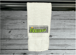 White Pickleball sports towel, terry hand towel soft and absorbent 16" x 30" - custom embroidered  design of a net with the word Pickleball, will make the perfect gift for the Pickleball player as a welcome to the team or for your partner. Personalize it just for them as a birthday or anniversary gift - Borgmanns Creations 