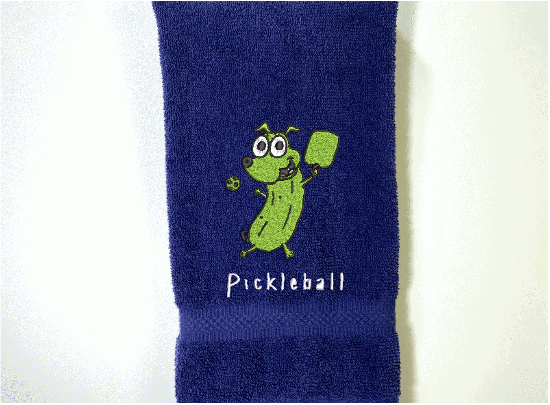Blue Pickleball sports hand towel, custom  - Borgmanns Creations - 1embroidered design of a cute pickle, great gift for teem mates or for your partner in the game. Terry towel soft and absorbent 16" x 27". Home decor for the sports loving person - Borgmanns Creations 