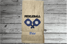 Load image into Gallery viewer, Beige Pickleball hand towel - embroidered rackets and ball on a terry towel  soft and absorbent 16&quot; x 27&quot;, for the hard playing player. Personalized gift for a special person or for the teem. Birthday gift for mom or dad.  Borgmanns Creations 1
