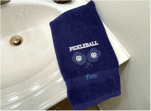 Load image into Gallery viewer, Blue Pickleball hand towel - embroidered rackets and ball on a terry towel soft and absorbent 16&quot; x 27&quot;, for the hard playing player. Personalized gift for a special person or for the teem. Birthday gift for mom or dad. Borgmanns Creations 3
