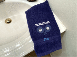 Blue Pickleball hand towel - embroidered rackets and ball on a terry towel soft and absorbent 16" x 27", for the hard playing player. Personalized gift for a special person or for the teem. Birthday gift for mom or dad. Borgmanns Creations 3