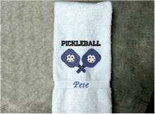 Load image into Gallery viewer, White Pickleball hand towel - embroidered rackets and ball on a terry towel soft and absorbent 16&quot; x 27&quot;, for the hard playing player. Personalized gift for a special person or for the teem. Birthday gift for mom or dad. Borgmanns Creations 4
