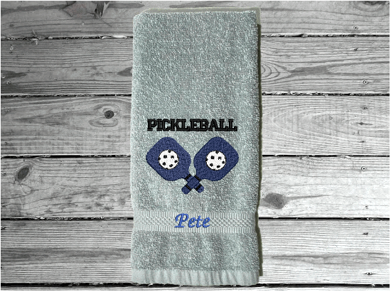 Gray Pickleball hand towel - embroidered rackets and ball on a terry towel soft and absorbent 16" x 27", for the hard playing player. Personalized gift for a special person or for the teem. Birthday gift for mom or dad. Borgmanns Creations 5