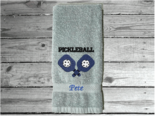 Load image into Gallery viewer, Gray Pickleball hand towel - embroidered rackets and ball on a terry towel soft and absorbent 16&quot; x 27&quot;, for the hard playing player. Personalized gift for a special person or for the teem. Birthday gift for mom or dad. Borgmanns Creations 5
