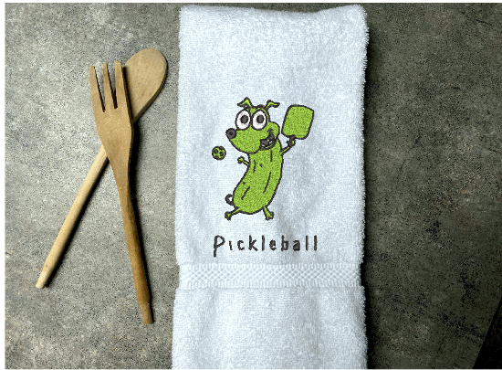 White Pickleball sports hand towel, custom  - Borgmanns Creations - 1embroidered design of a cute pickle, great gift for teem mates or for your partner in the game. Terry towel soft and absorbent 16" x 30". Home decor for the sports loving person - Borgmanns Creations 