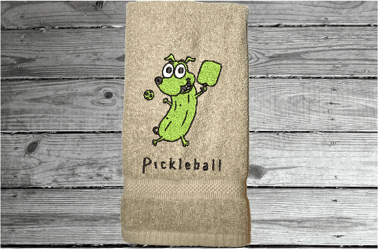 Beige Pickleball sports hand towel, custom  - Borgmanns Creations - 1embroidered design of a cute pickle, great gift for teem mates or for your partner in the game. Terry towel soft and absorbent 16" x 27". Home decor for the sports loving person - Borgmanns Creations 