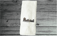 Load image into Gallery viewer, White  Pickleball sports hand towel,  terry towel soft and absorbent 16&quot; x 30&quot;, custom embroidered design, personalized sweat towel great gift for the whole teem. Wonderful gift for the active player you know - Borgmanns Creations 
