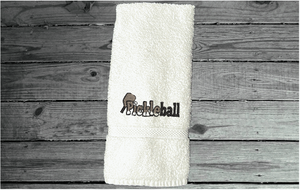 White  Pickleball sports hand towel,  terry towel soft and absorbent 16" x 30", custom embroidered design, personalized sweat towel great gift for the whole teem. Wonderful gift for the active player you know - Borgmanns Creations 