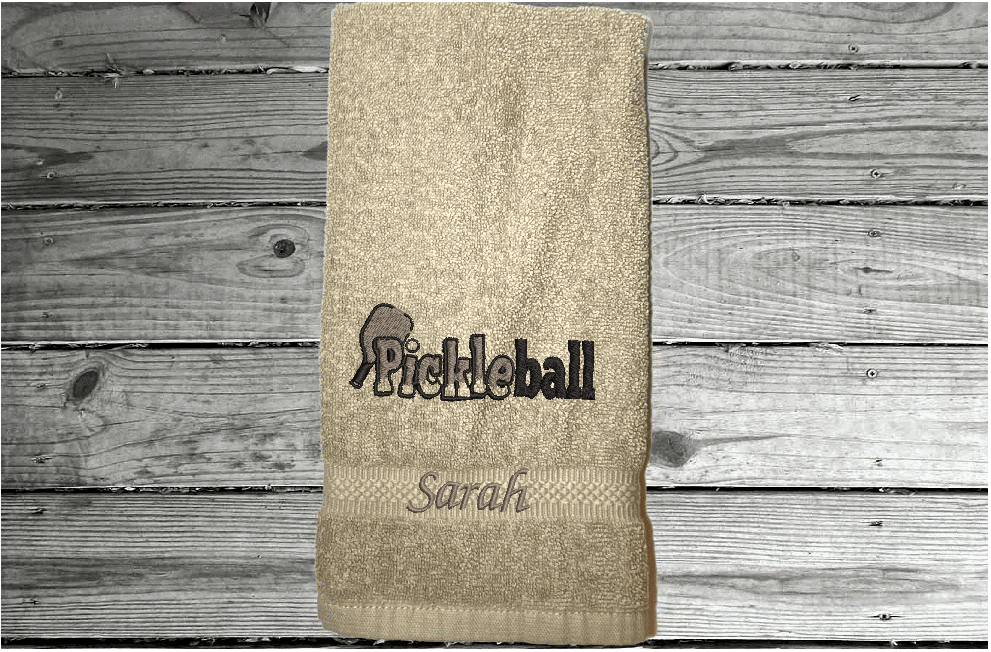 Beige Pickleball sports hand towel,  terry towel soft and absorbent 16" x 27", custom embroidered design, personalized sweat towel great gift for the whole teem. Wonderful gift for the active player you know - Borgmanns Creations 