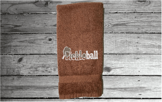 Brown Pickleball sports hand towel,  terry towel soft and absorbent 16" x 27", custom embroidered design, personalized sweat towel great gift for the whole teem. Wonderful gift for the active player you know - Borgmanns Creations 